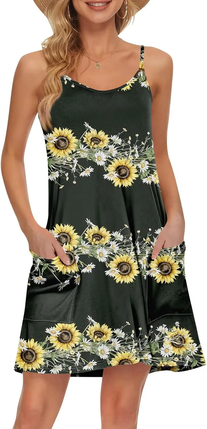 Womens Summer Dresses 2025 Loose Sleeveless Sundresses Beach Swimsuit with Pockets