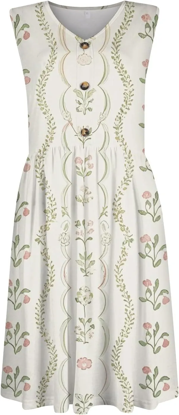 Womens Summer Dresses 2025 Sleeveless Trendy Boho Tank Dress Midi Floral Beach Vacation Sundresses with Pockets