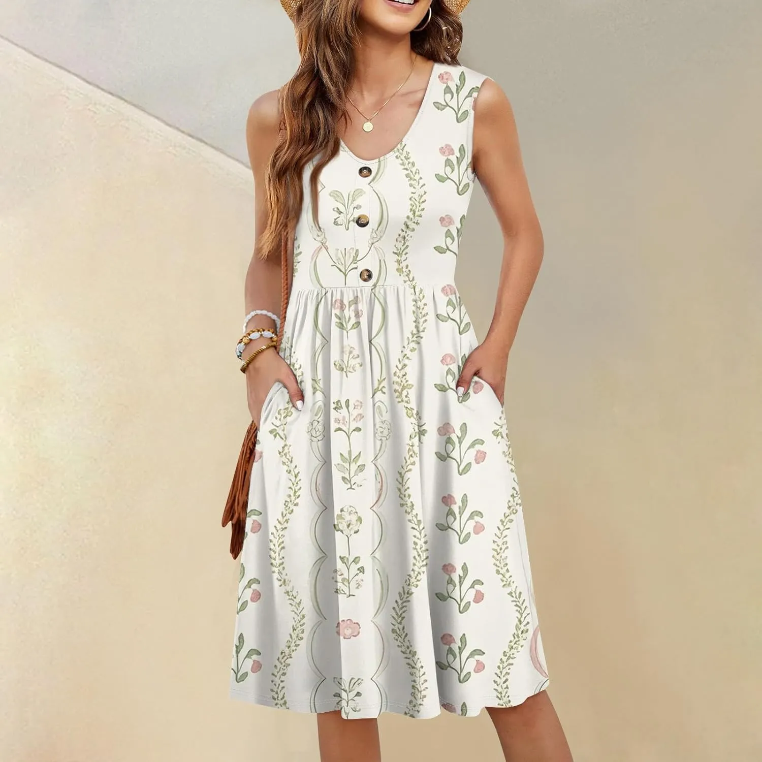 Womens Summer Dresses 2025 Sleeveless Trendy Boho Tank Dress Midi Floral Beach Vacation Sundresses with Pockets
