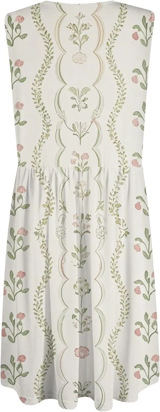 Womens Summer Dresses 2025 Sleeveless Trendy Boho Tank Dress Midi Floral Beach Vacation Sundresses with Pockets