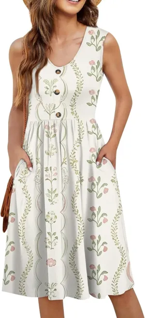 Womens Summer Dresses 2025 Sleeveless Trendy Boho Tank Dress Midi Floral Beach Vacation Sundresses with Pockets