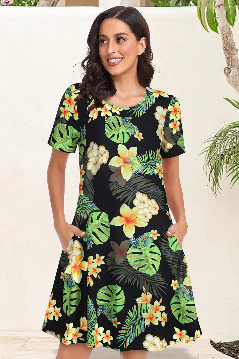 Womens Summer Dresses Beach Casual Loose Tshirt Floral Short Sleeve Flowy Pockets Sundresses