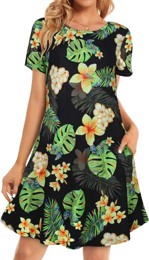 Womens Summer Dresses Beach Casual Loose Tshirt Floral Short Sleeve Flowy Pockets Sundresses