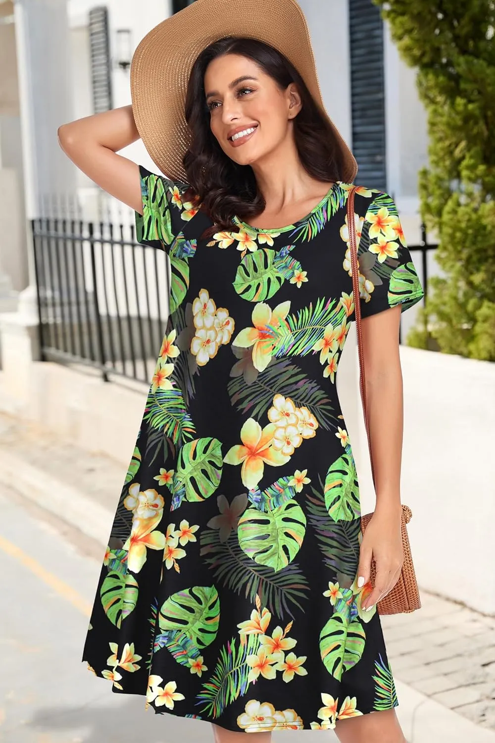 Womens Summer Dresses Beach Casual Loose Tshirt Floral Short Sleeve Flowy Pockets Sundresses