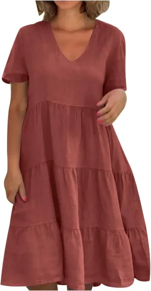 Womens Summer Dresses Casual V-Neck Short Sleeve Flowy Mini Dress Trendy Solid A-Line Ruffle Tiered Swing Dresses