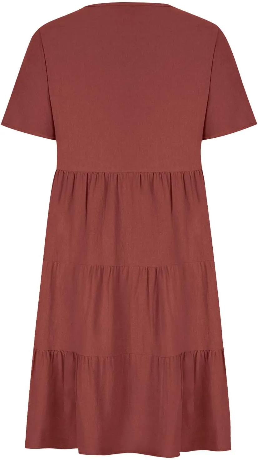 Womens Summer Dresses Casual V-Neck Short Sleeve Flowy Mini Dress Trendy Solid A-Line Ruffle Tiered Swing Dresses