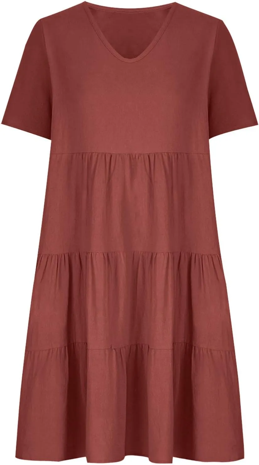 Womens Summer Dresses Casual V-Neck Short Sleeve Flowy Mini Dress Trendy Solid A-Line Ruffle Tiered Swing Dresses