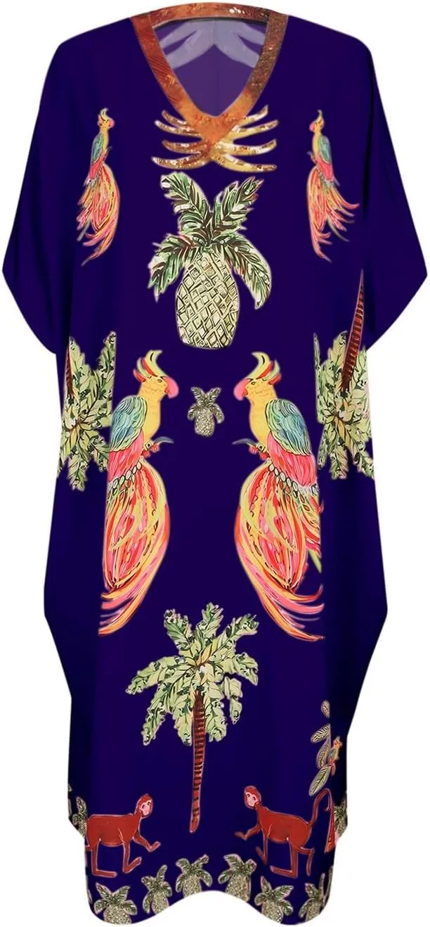 Womens Summer Dresses Ethnic Floral Print Hawaiian Bohemian Bat Wing Maxi Kaftan Loose Dress Beach Swimsuit Coverups