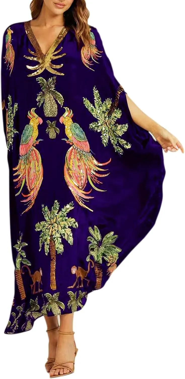 Womens Summer Dresses Ethnic Floral Print Hawaiian Bohemian Bat Wing Maxi Kaftan Loose Dress Beach Swimsuit Coverups