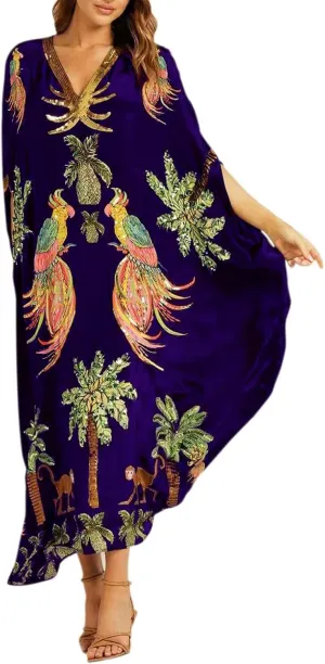 Womens Summer Dresses Ethnic Floral Print Hawaiian Bohemian Bat Wing Maxi Kaftan Loose Dress Beach Swimsuit Coverups