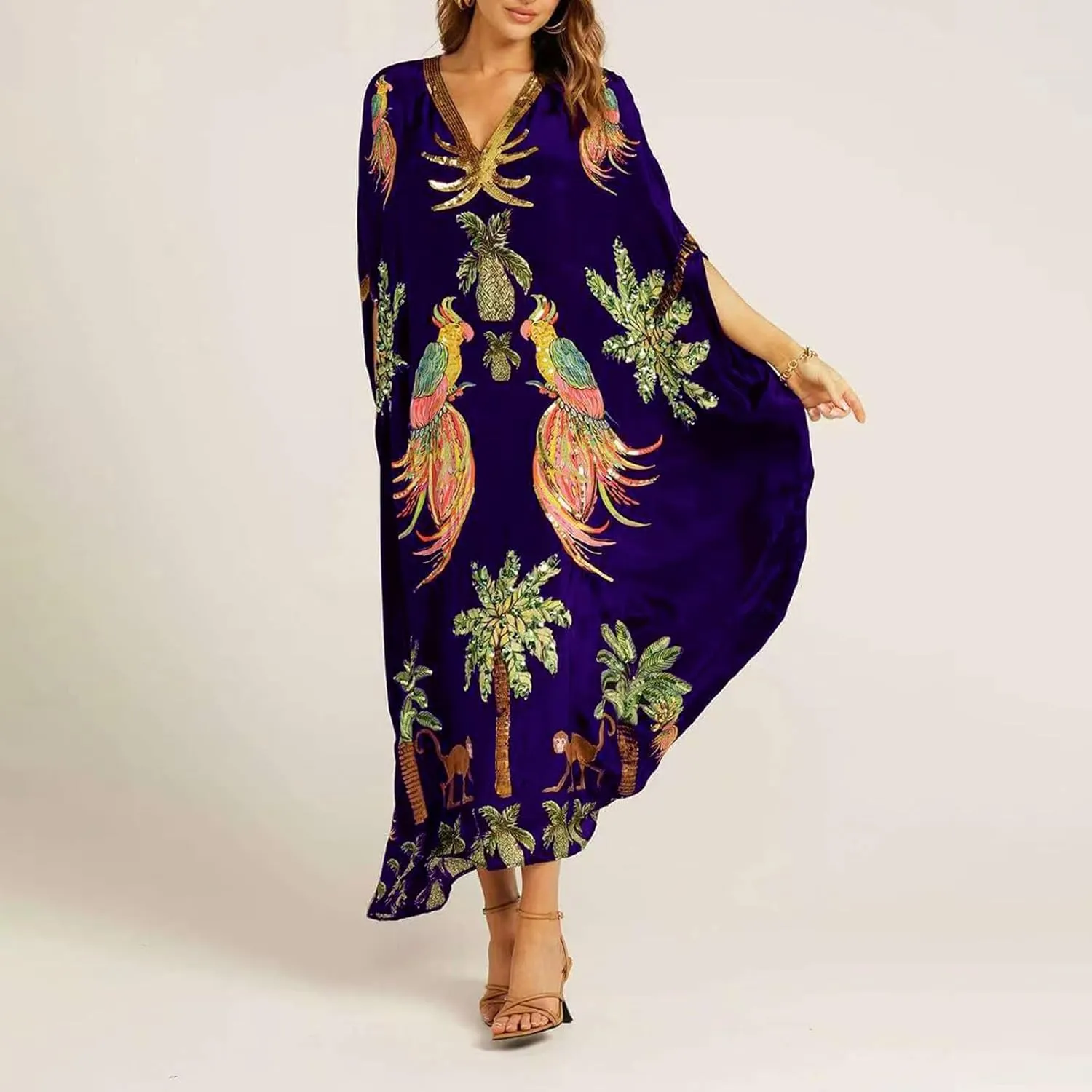 Womens Summer Dresses Ethnic Floral Print Hawaiian Bohemian Bat Wing Maxi Kaftan Loose Dress Beach Swimsuit Coverups
