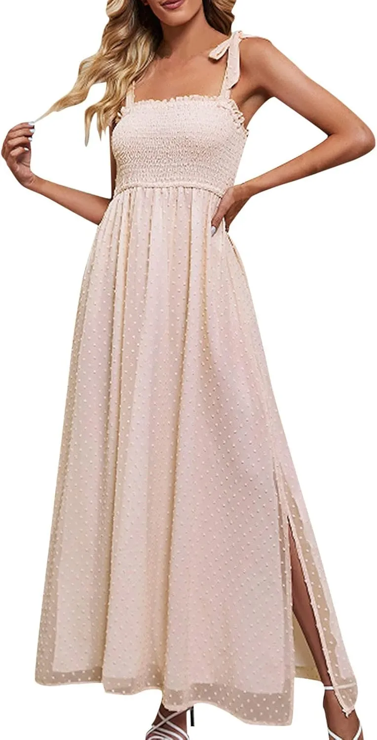 Womens Summer Dresses Floral Sleeveless Smocked Maxi Dress Boho Spaghetti Strap A Line Flowy Beach Long Sundress