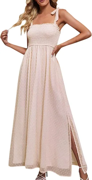 Womens Summer Dresses Floral Sleeveless Smocked Maxi Dress Boho Spaghetti Strap A Line Flowy Beach Long Sundress