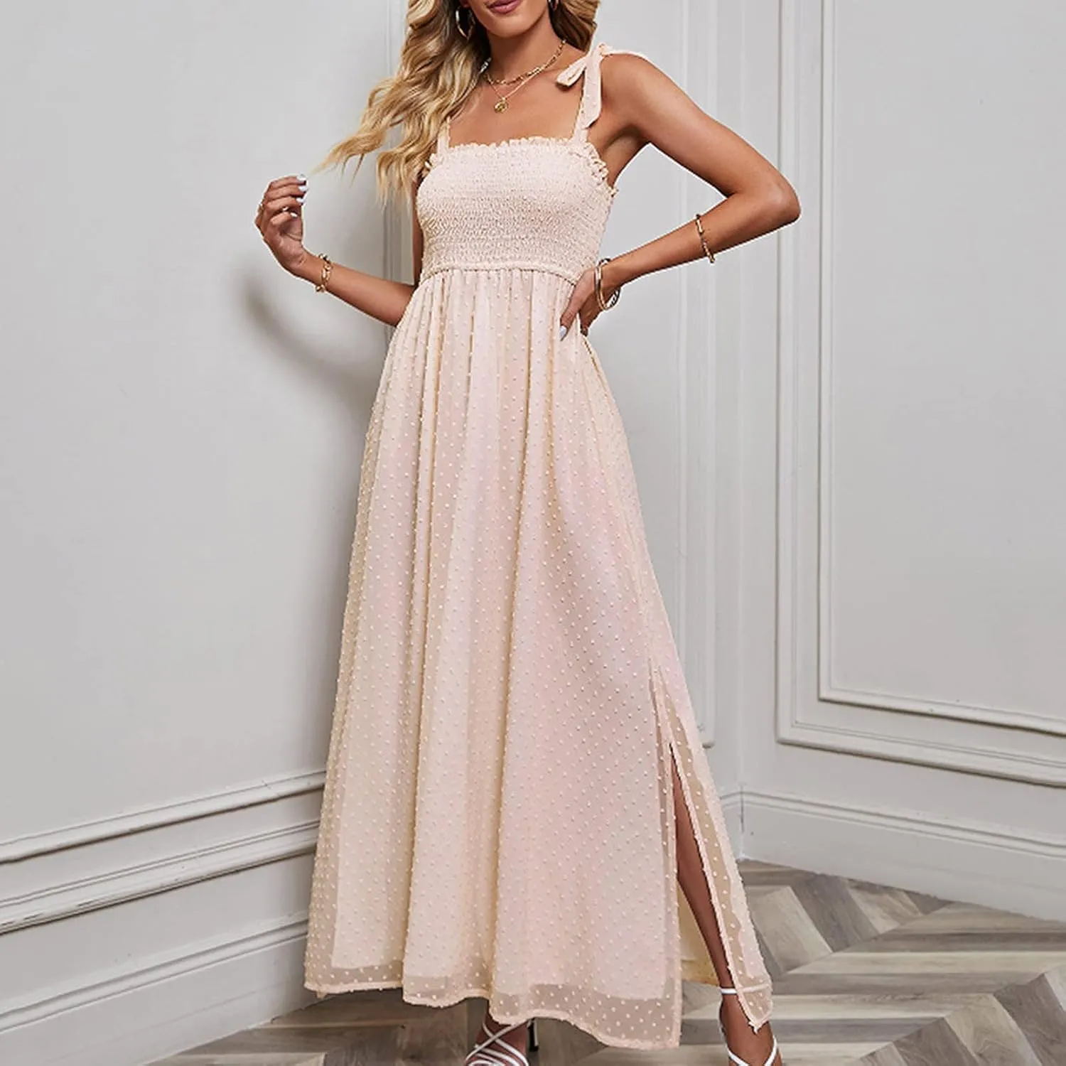Womens Summer Dresses Floral Sleeveless Smocked Maxi Dress Boho Spaghetti Strap A Line Flowy Beach Long Sundress