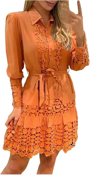 Women's Summer Dresses Long Sleeve Lapel Button Down Belted Mini Dress Plus Size Lace Patchwork Hollow Out Dresses