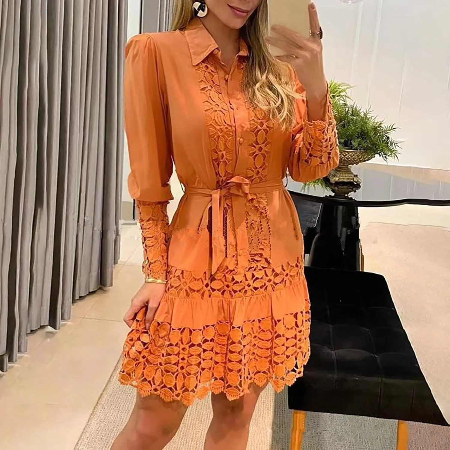 Women's Summer Dresses Long Sleeve Lapel Button Down Belted Mini Dress Plus Size Lace Patchwork Hollow Out Dresses