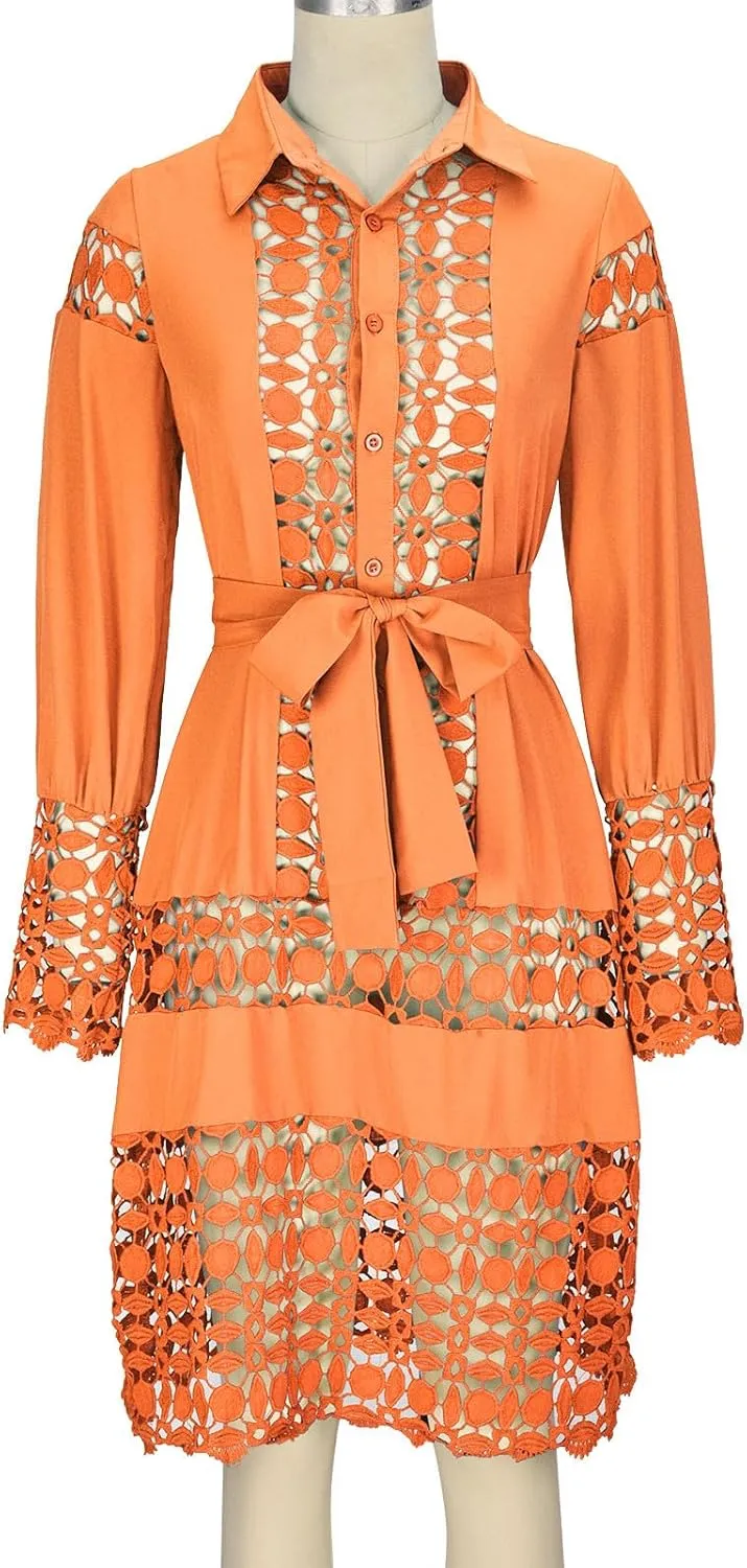 Women's Summer Dresses Long Sleeve Lapel Button Down Belted Mini Dress Plus Size Lace Patchwork Hollow Out Dresses