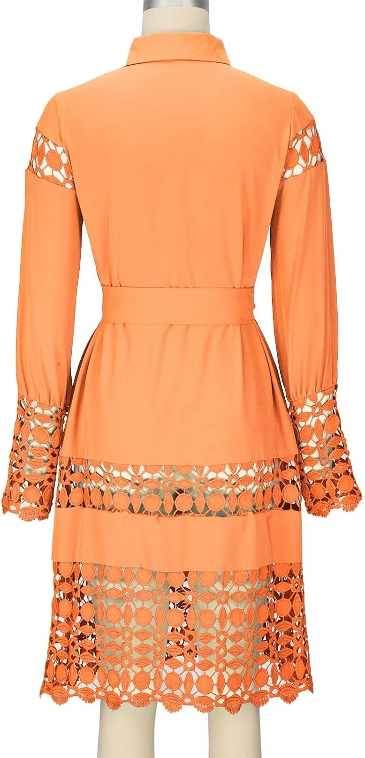 Women's Summer Dresses Long Sleeve Lapel Button Down Belted Mini Dress Plus Size Lace Patchwork Hollow Out Dresses