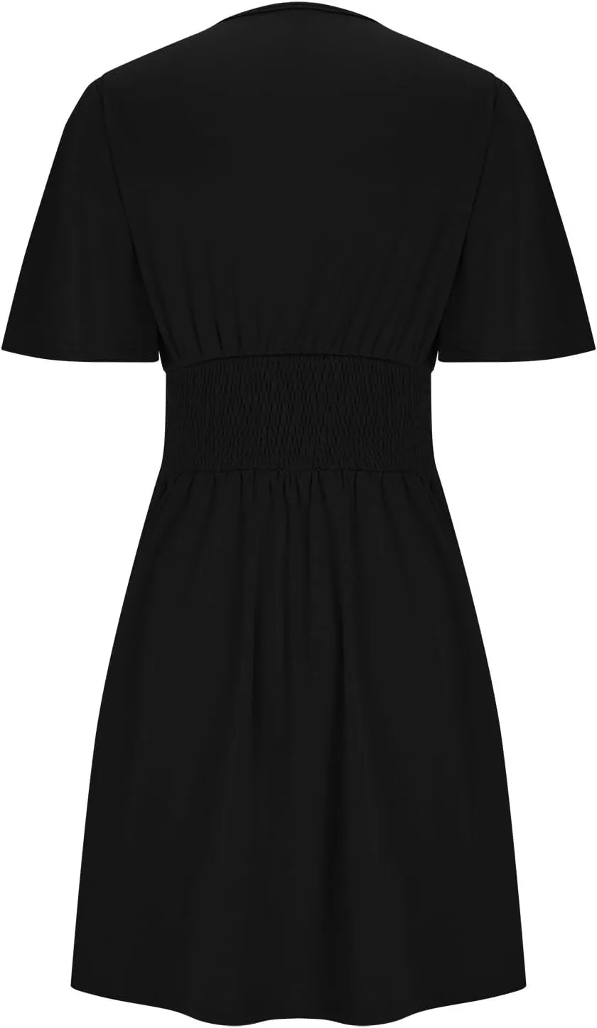 Womens Summer Dresses Ruffle Short Sleeve Wrap V Neck Ruched Waist Pleated A Line Short Mini Dress for Cocktail Party