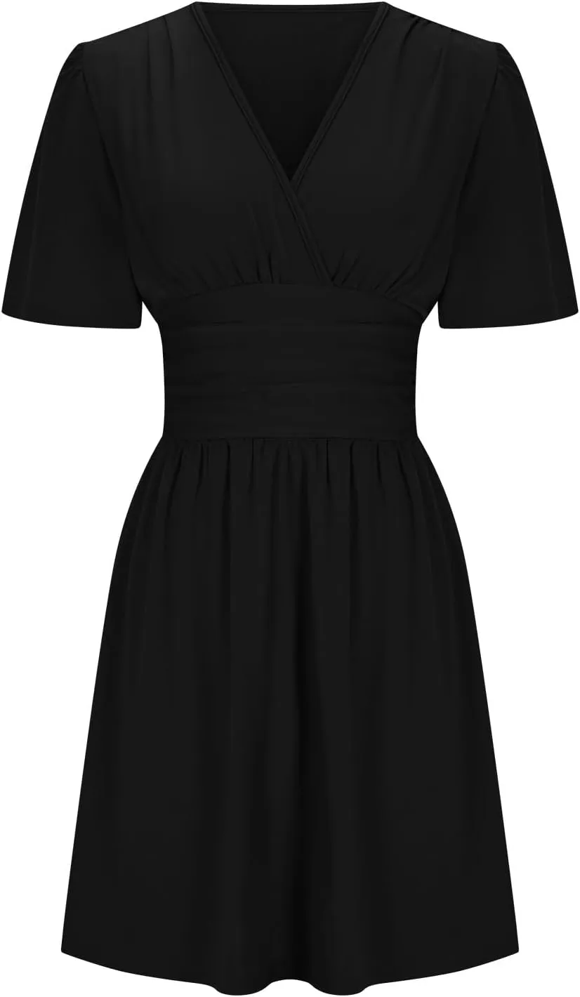 Womens Summer Dresses Ruffle Short Sleeve Wrap V Neck Ruched Waist Pleated A Line Short Mini Dress for Cocktail Party