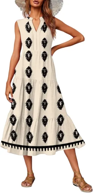 Women's Summer Dresses Sleeveless V Neck Beach Tshirt Sundress Boho Floral Printed Midi Tank Flowy Tiered Dresses