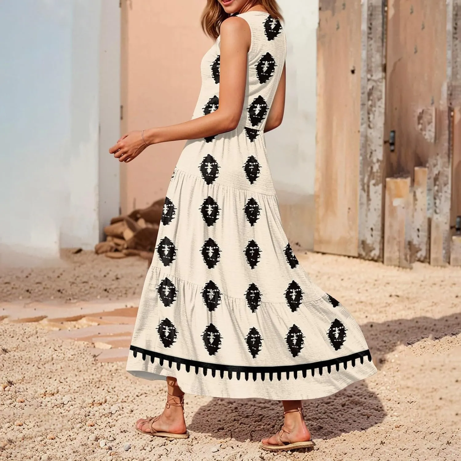 Women's Summer Dresses Sleeveless V Neck Beach Tshirt Sundress Boho Floral Printed Midi Tank Flowy Tiered Dresses