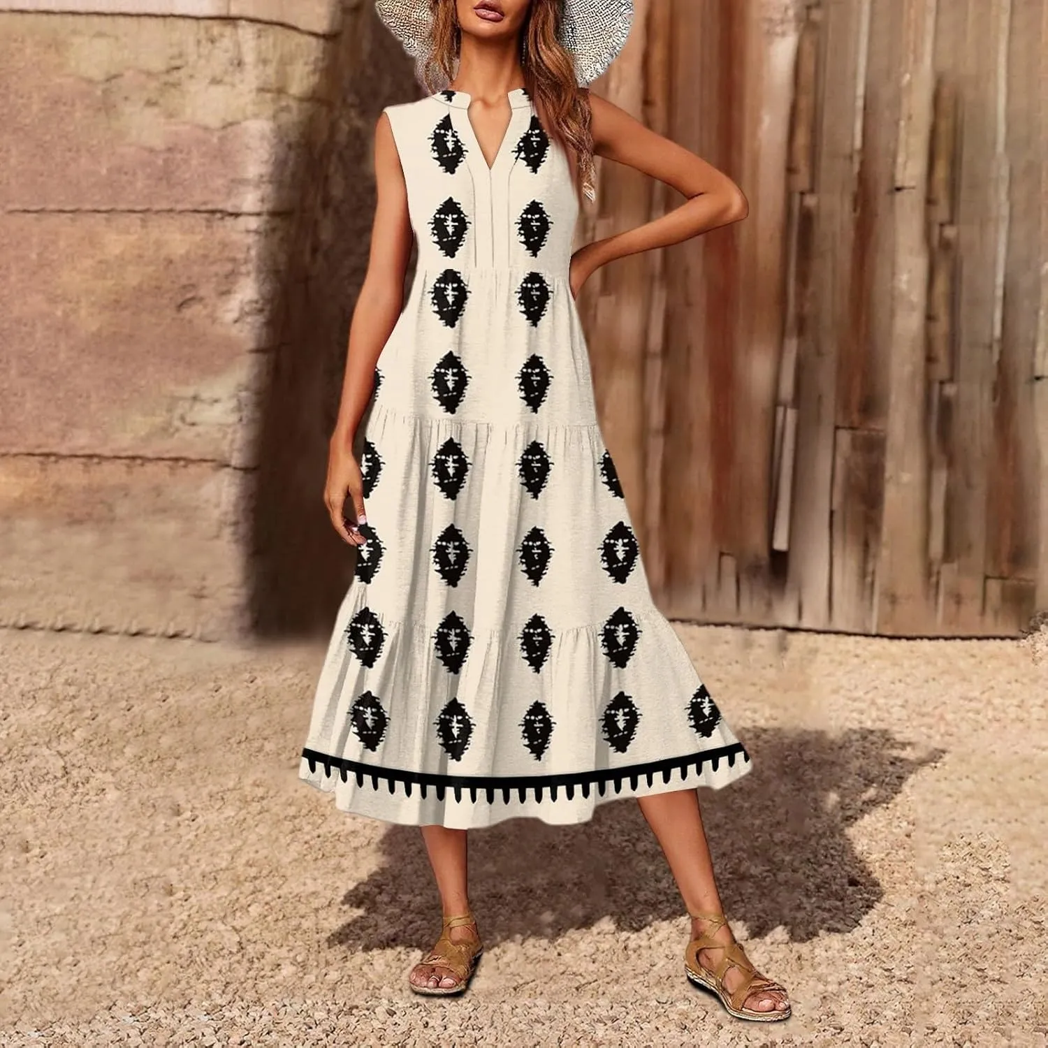 Women's Summer Dresses Sleeveless V Neck Beach Tshirt Sundress Boho Floral Printed Midi Tank Flowy Tiered Dresses