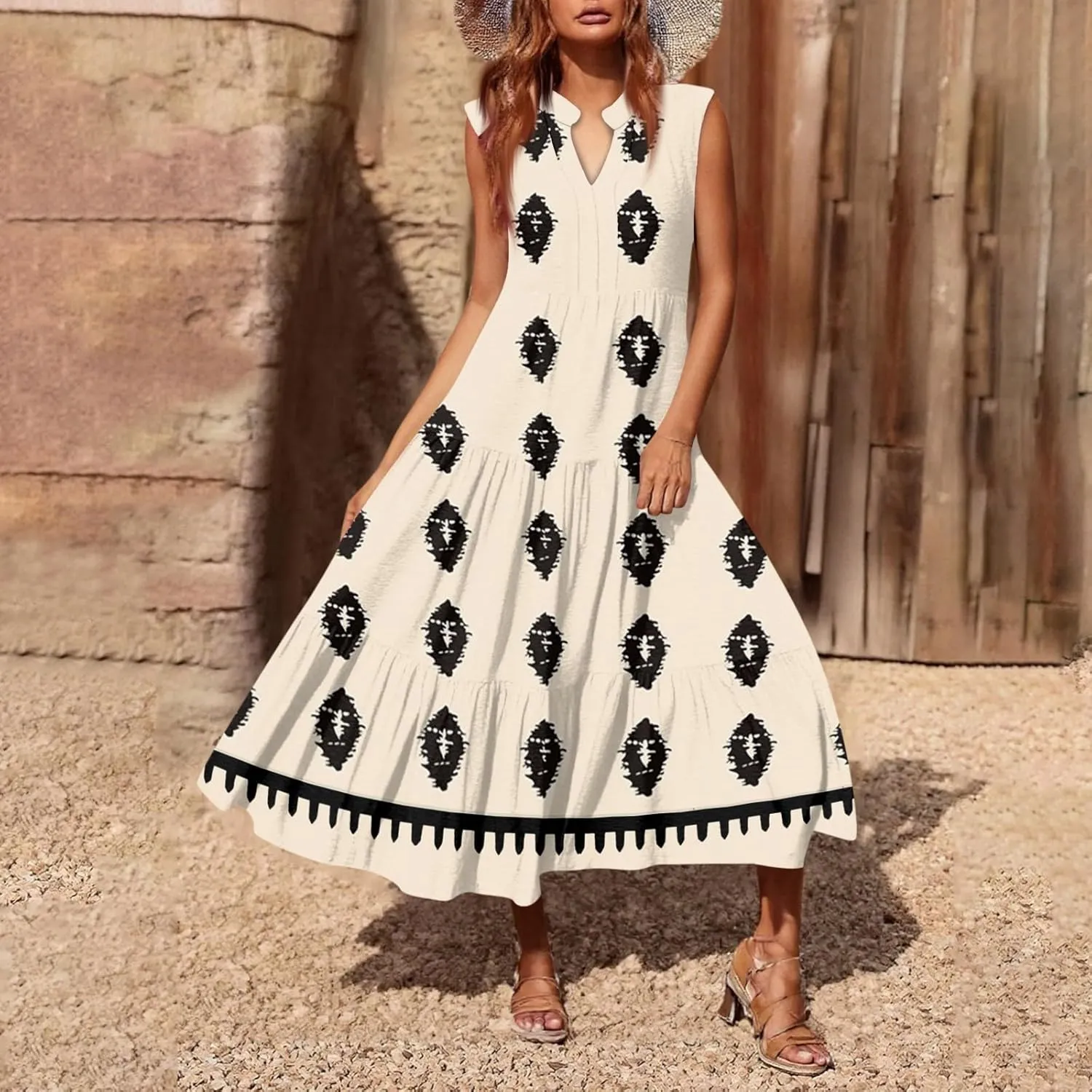 Women's Summer Dresses Sleeveless V Neck Beach Tshirt Sundress Boho Floral Printed Midi Tank Flowy Tiered Dresses