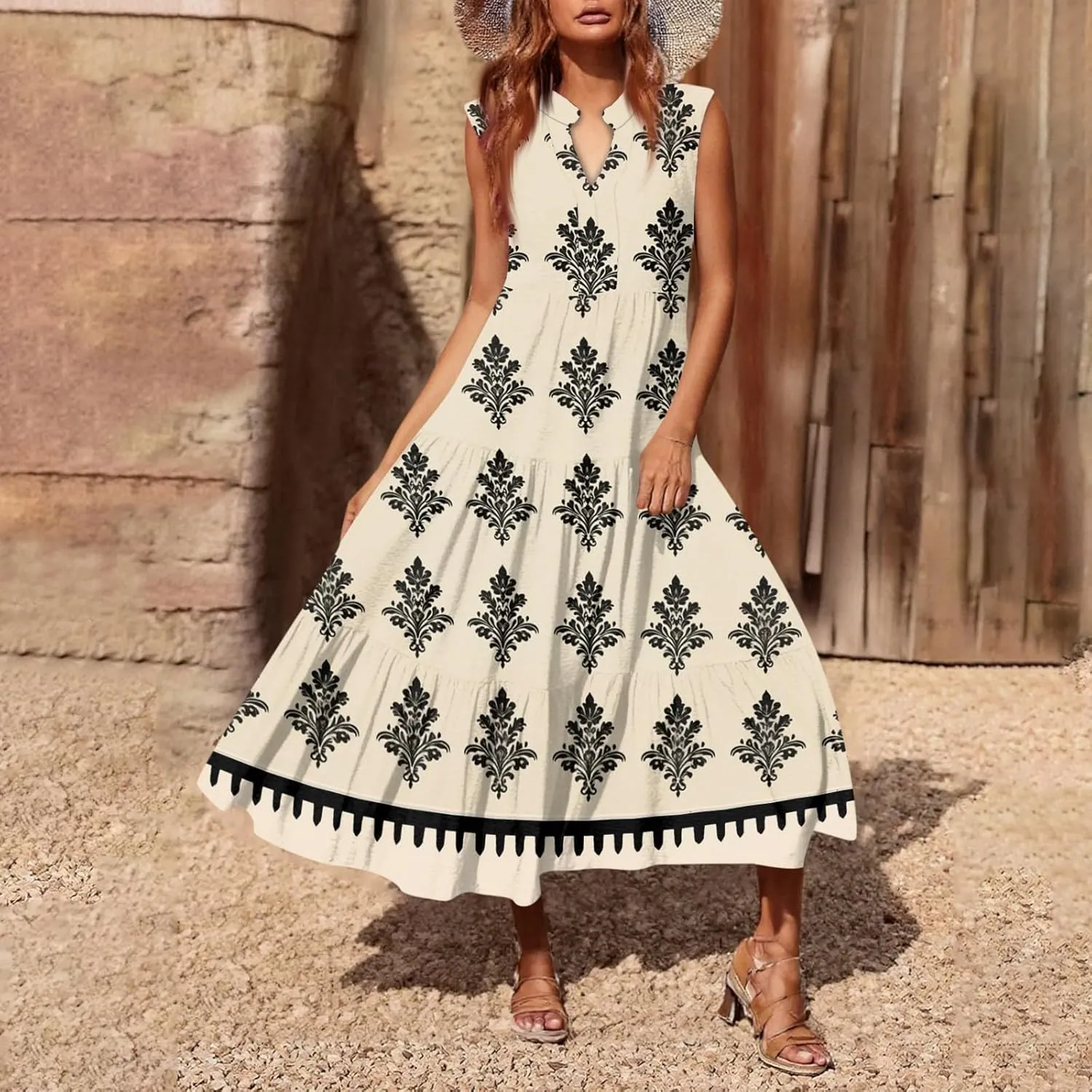 Women's Summer Dresses Sleeveless V Neck Beach Tshirt Sundress Boho Floral Printed Midi Tank Flowy Tiered Dresses