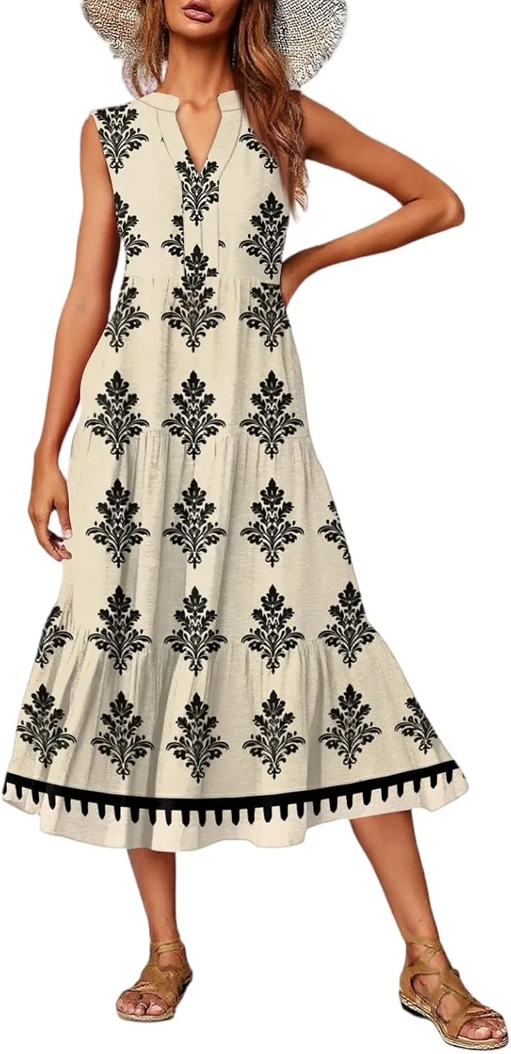 Women's Summer Dresses Sleeveless V Neck Beach Tshirt Sundress Boho Floral Printed Midi Tank Flowy Tiered Dresses