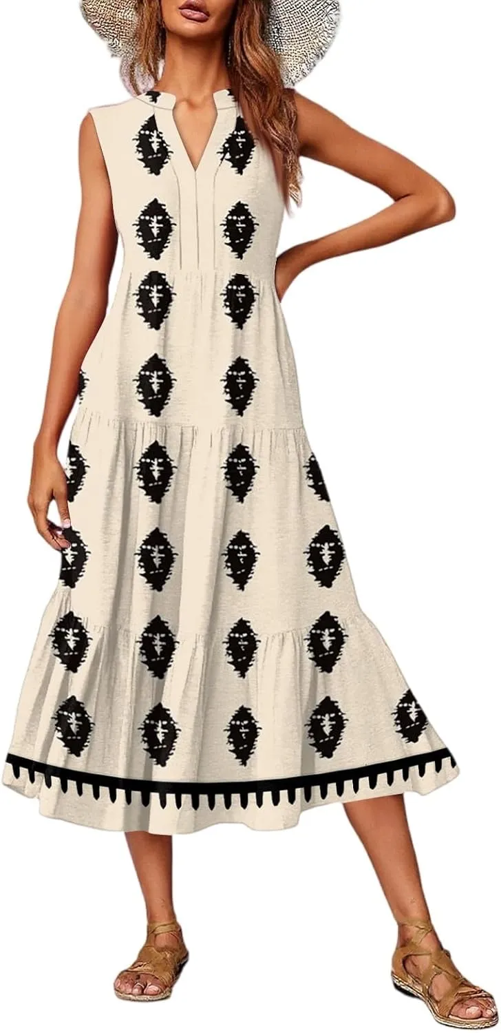 Women's Summer Dresses Sleeveless V Neck Beach Tshirt Sundress Boho Floral Printed Midi Tank Flowy Tiered Dresses
