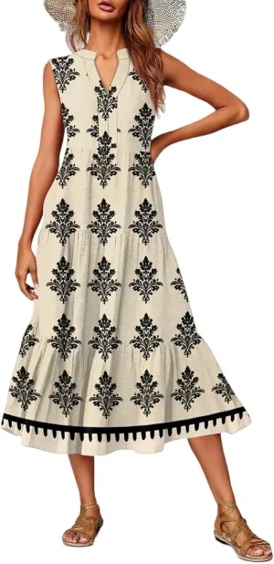 Women's Summer Dresses Sleeveless V Neck Beach Tshirt Sundress Boho Floral Printed Midi Tank Flowy Tiered Dresses