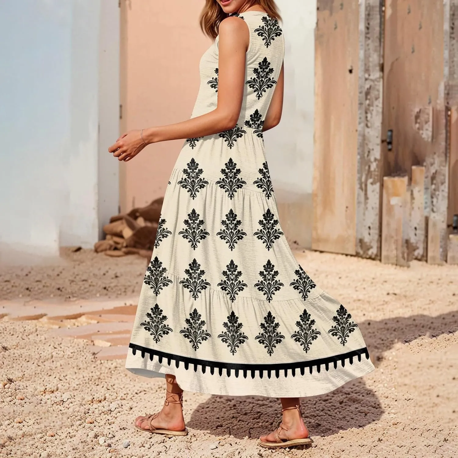 Women's Summer Dresses Sleeveless V Neck Beach Tshirt Sundress Boho Floral Printed Midi Tank Flowy Tiered Dresses