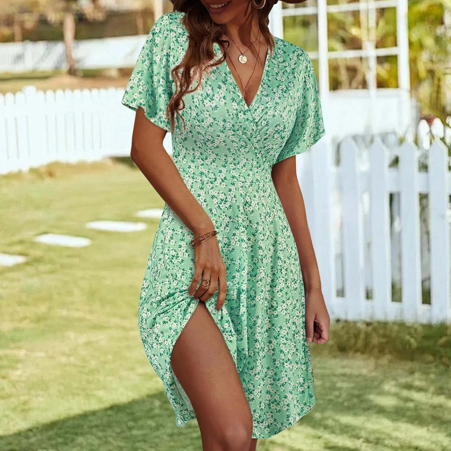 Women's Summer Floral Boho Dress Short Sleeve Wrap V Neck A-Line Mini Dress Wedding Guest Dresses Vacation Clothes