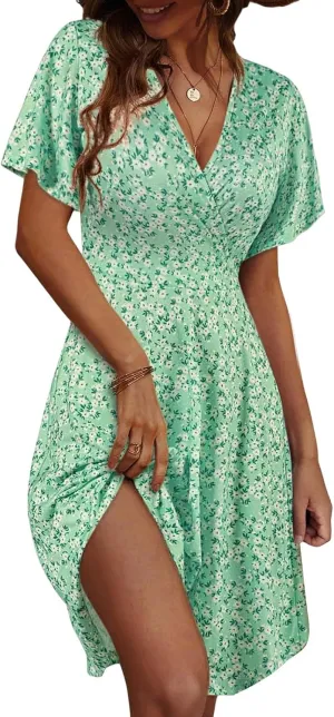 Women's Summer Floral Boho Dress Short Sleeve Wrap V Neck A-Line Mini Dress Wedding Guest Dresses Vacation Clothes
