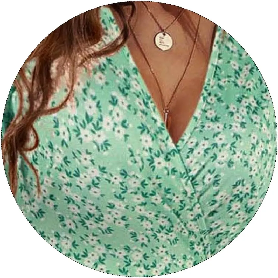 Women's Summer Floral Boho Dress Short Sleeve Wrap V Neck A-Line Mini Dress Wedding Guest Dresses Vacation Clothes