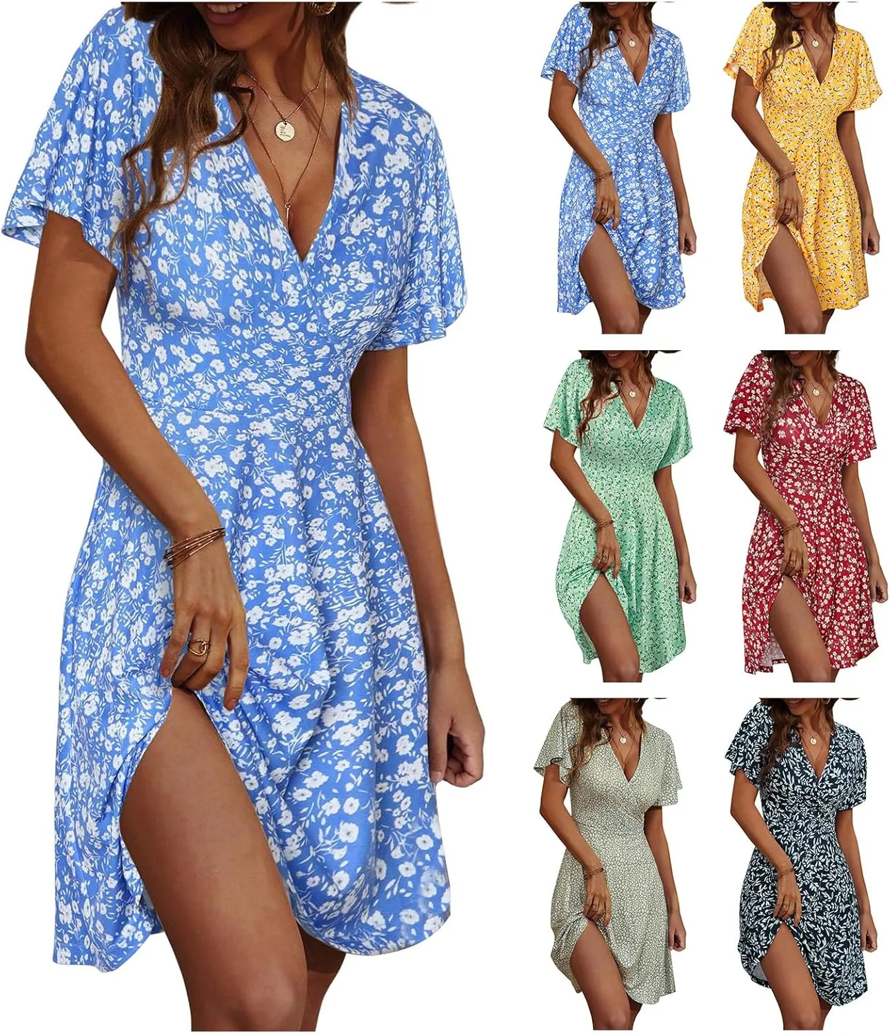 Women's Summer Floral Boho Dress Short Sleeve Wrap V Neck A-Line Mini Dress Wedding Guest Dresses Vacation Clothes