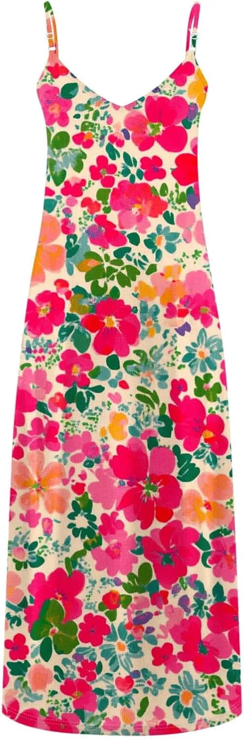 Women's Summer Maxi Dress 2025 Casual Spaghetti Straps V Neck Sundresses Boho Floral Print Beach Travel Cami Dresses