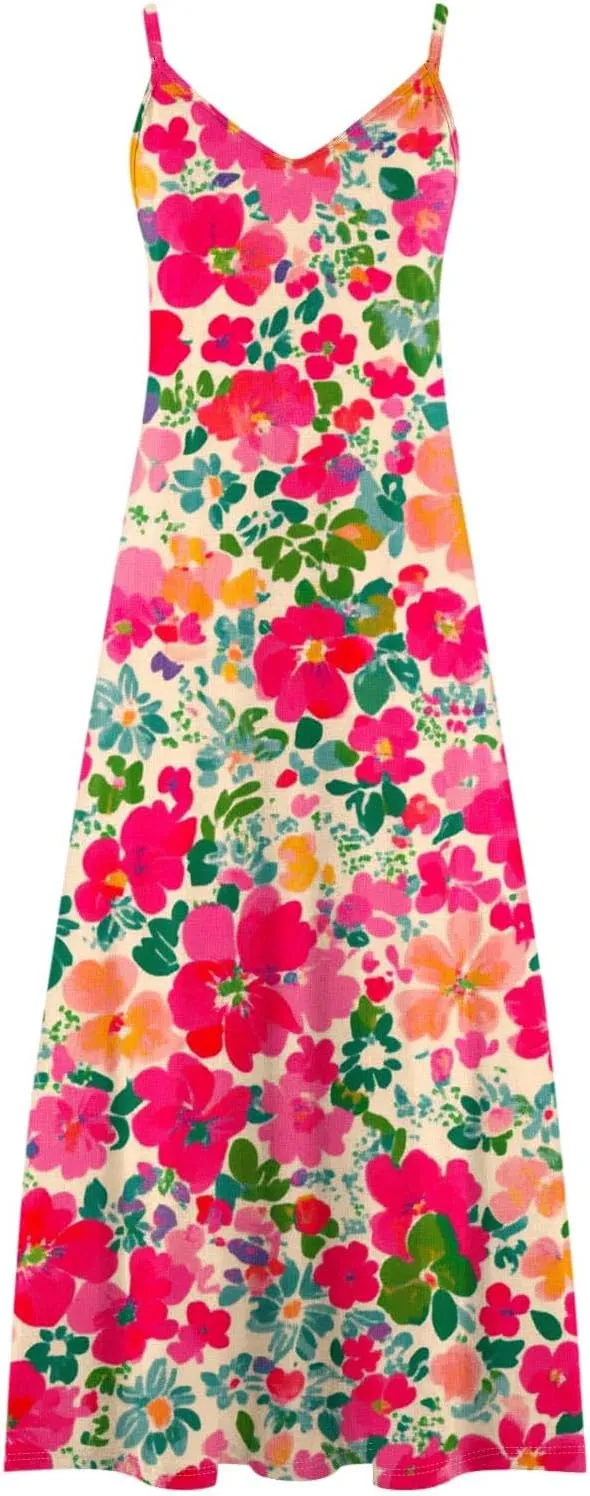 Women's Summer Maxi Dress 2025 Casual Spaghetti Straps V Neck Sundresses Boho Floral Print Beach Travel Cami Dresses