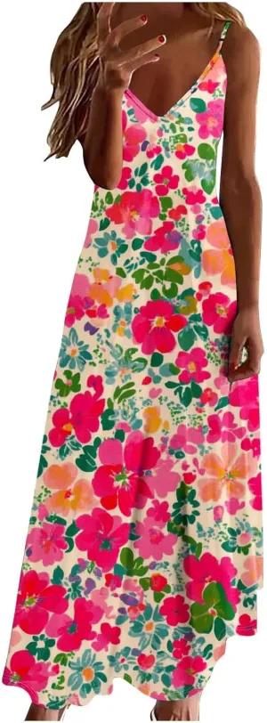 Women's Summer Maxi Dress 2025 Casual Spaghetti Straps V Neck Sundresses Boho Floral Print Beach Travel Cami Dresses