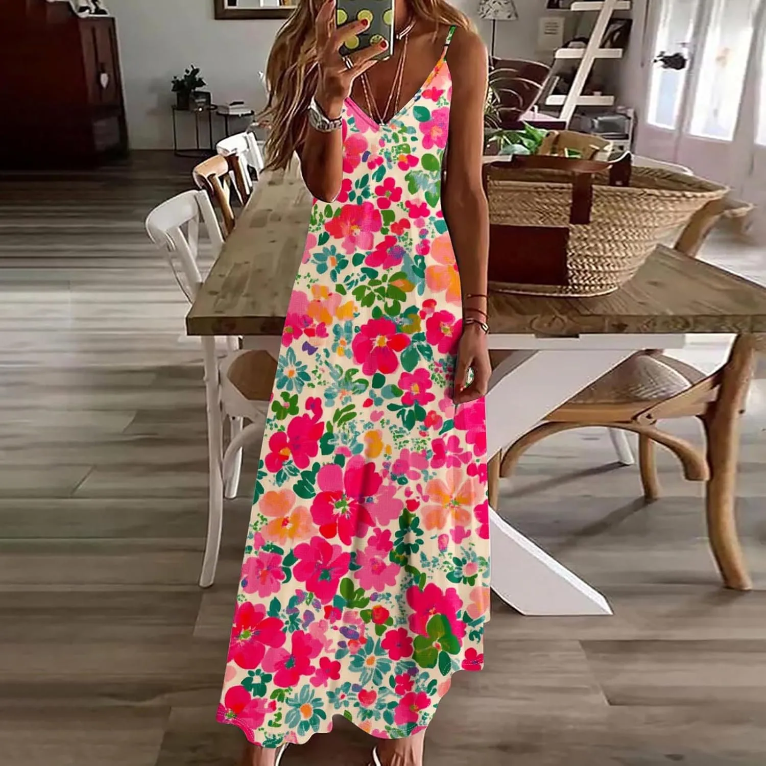 Women's Summer Maxi Dress 2025 Casual Spaghetti Straps V Neck Sundresses Boho Floral Print Beach Travel Cami Dresses