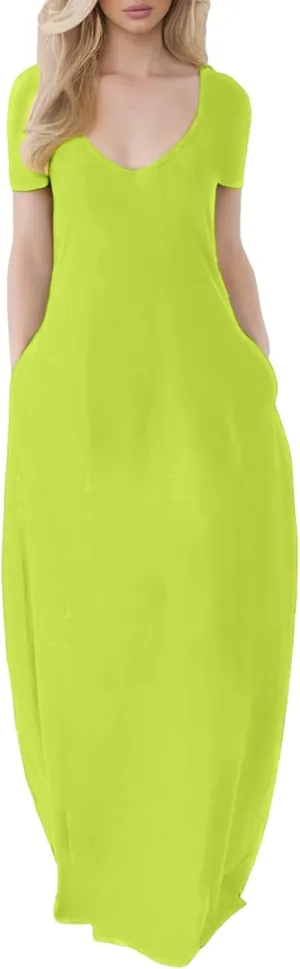 Women's Summer Maxi Dress Short Sleeve V Neck Casual Loose Long Beach Sun Dresses Spring Dresses for Women ith Pockets