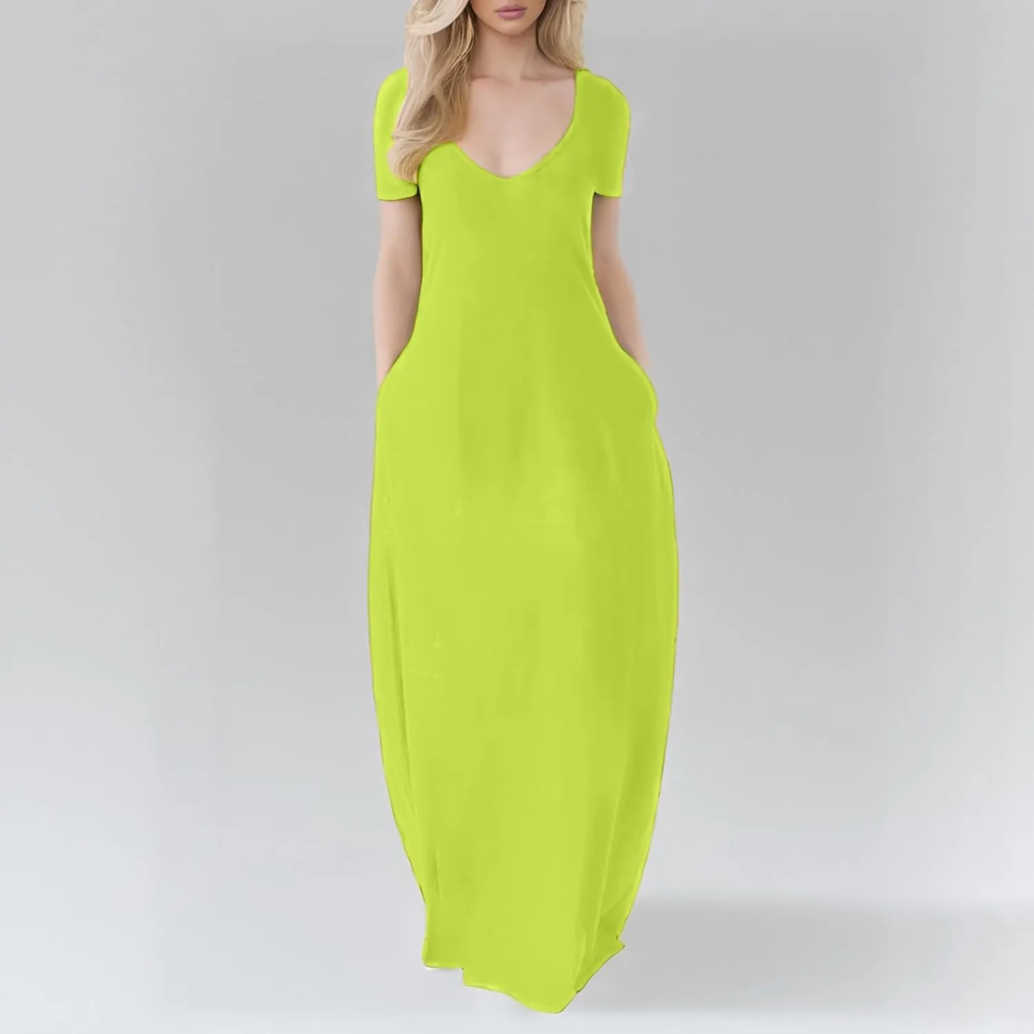 Women's Summer Maxi Dress Short Sleeve V Neck Casual Loose Long Beach Sun Dresses Spring Dresses for Women ith Pockets