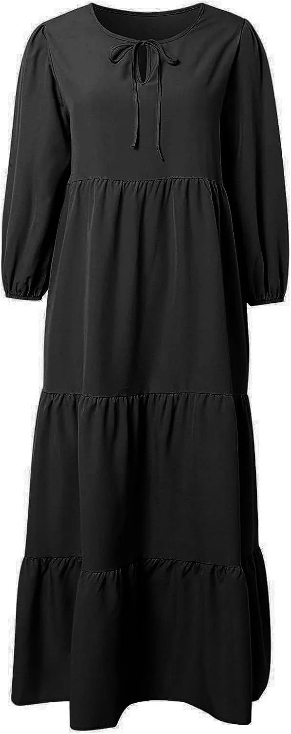 Womens Summer Maxi Dress V Neck Long Puff Sleeve Dresses 2025 Summer Casual A Line Flowy Swing Boho Dresses