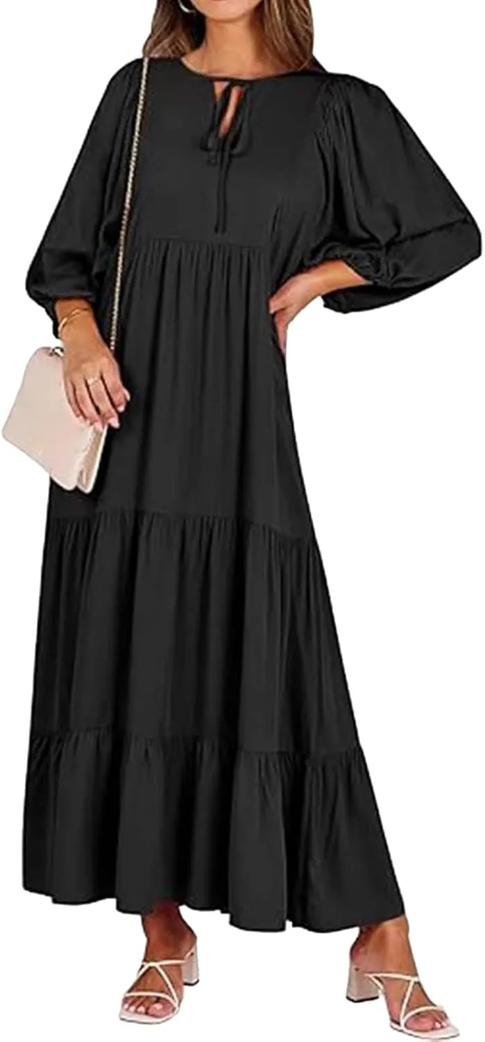 Womens Summer Maxi Dress V Neck Long Puff Sleeve Dresses 2025 Summer Casual A Line Flowy Swing Boho Dresses