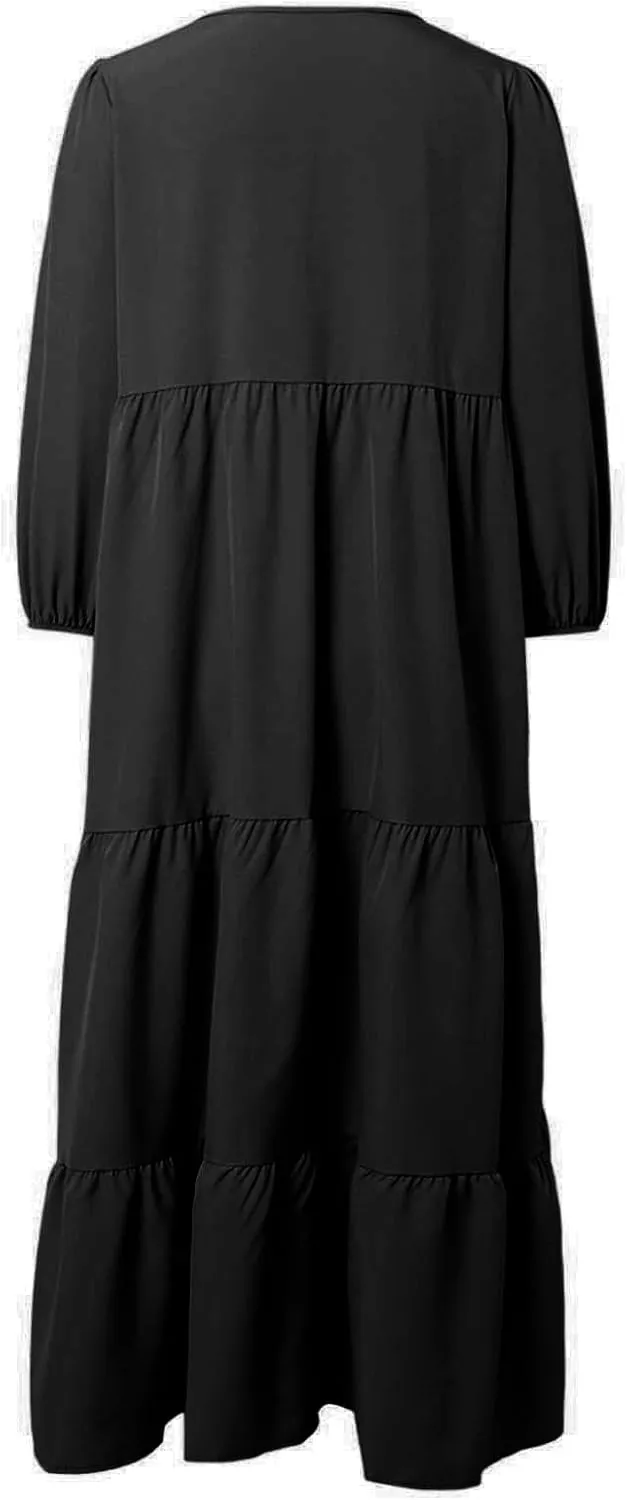 Womens Summer Maxi Dress V Neck Long Puff Sleeve Dresses 2025 Summer Casual A Line Flowy Swing Boho Dresses