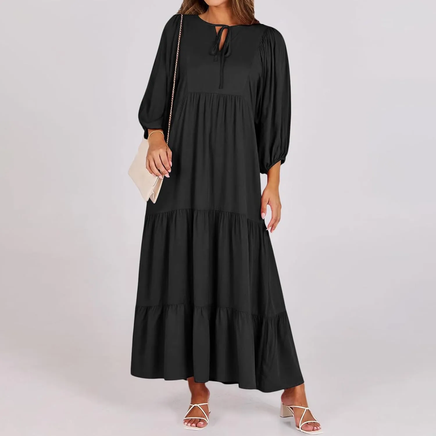 Womens Summer Maxi Dress V Neck Long Puff Sleeve Dresses 2025 Summer Casual A Line Flowy Swing Boho Dresses