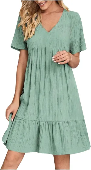 Womens Summer Ruffle Hem Dress Short Sleeve V Neck Sundress Boho Pleated Tank Dresses Casual Dressy Swing Dress