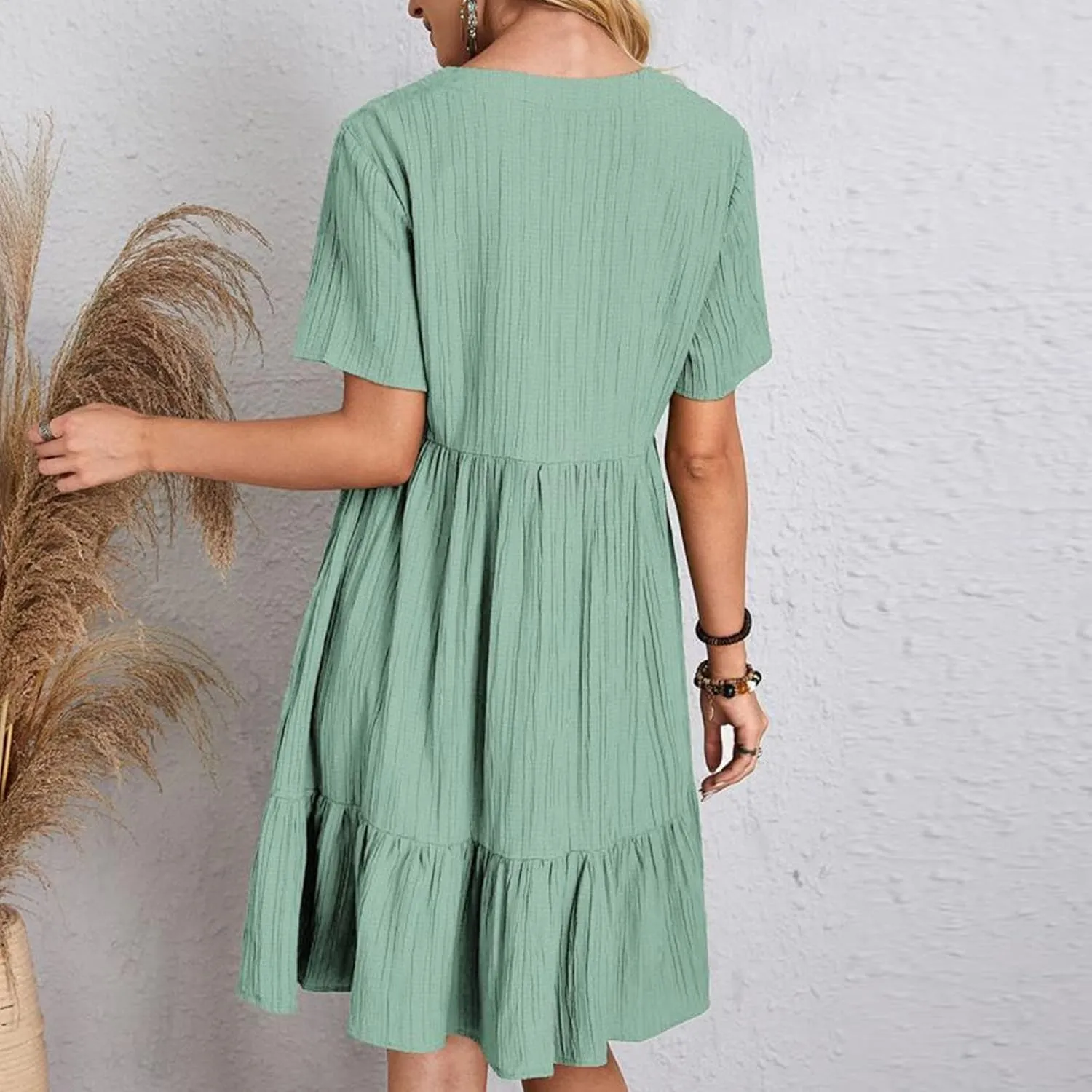 Womens Summer Ruffle Hem Dress Short Sleeve V Neck Sundress Boho Pleated Tank Dresses Casual Dressy Swing Dress