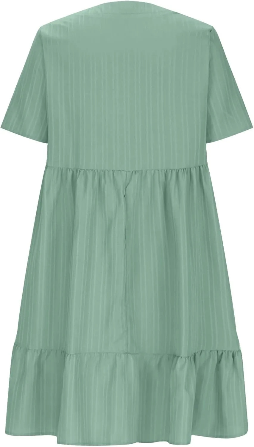 Womens Summer Ruffle Hem Dress Short Sleeve V Neck Sundress Boho Pleated Tank Dresses Casual Dressy Swing Dress